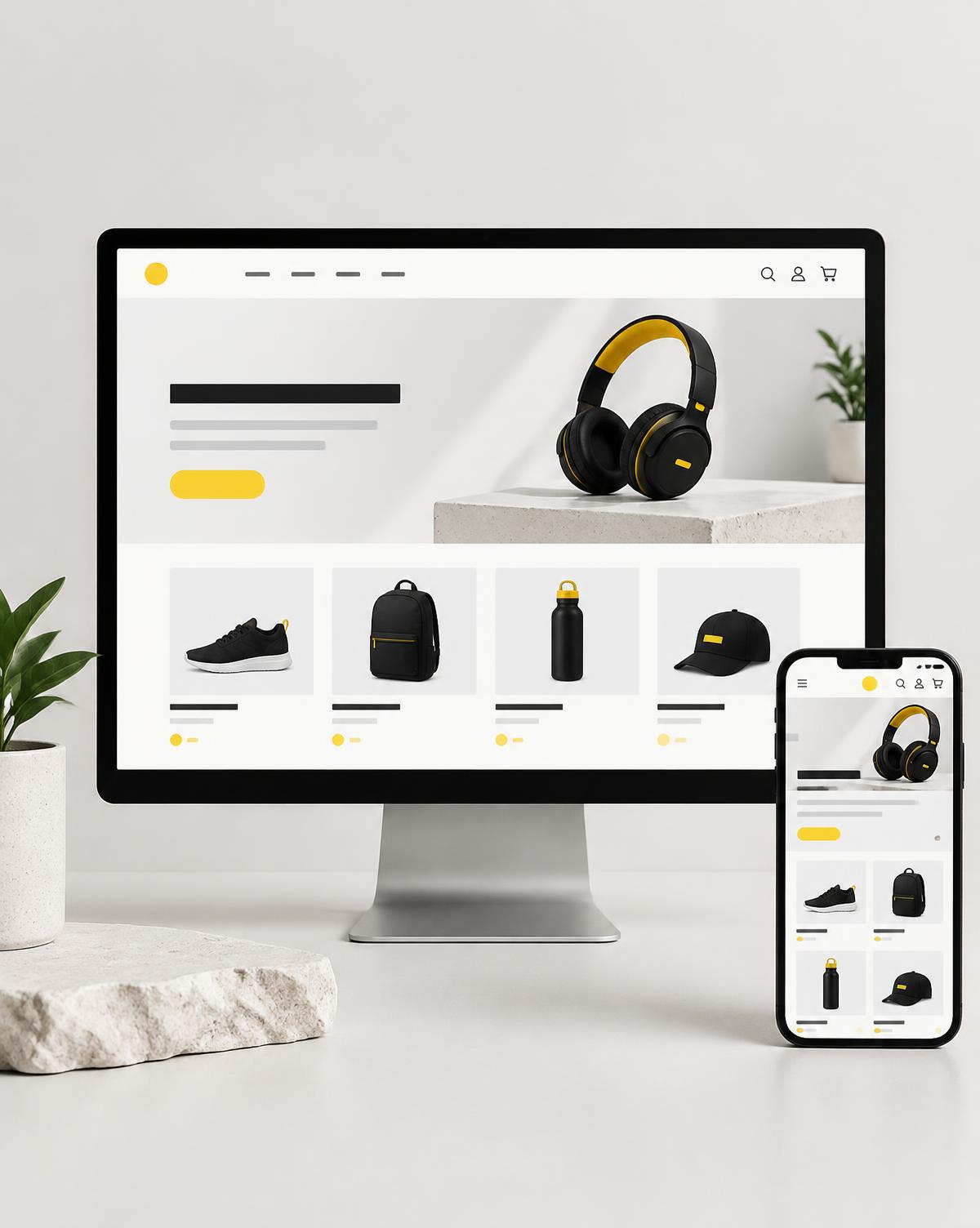 Ecommerce Website Concept — A concept ecommerce website design shown across desktop and mobile. Created by Playhite to demonstrate our web design style — not client work.